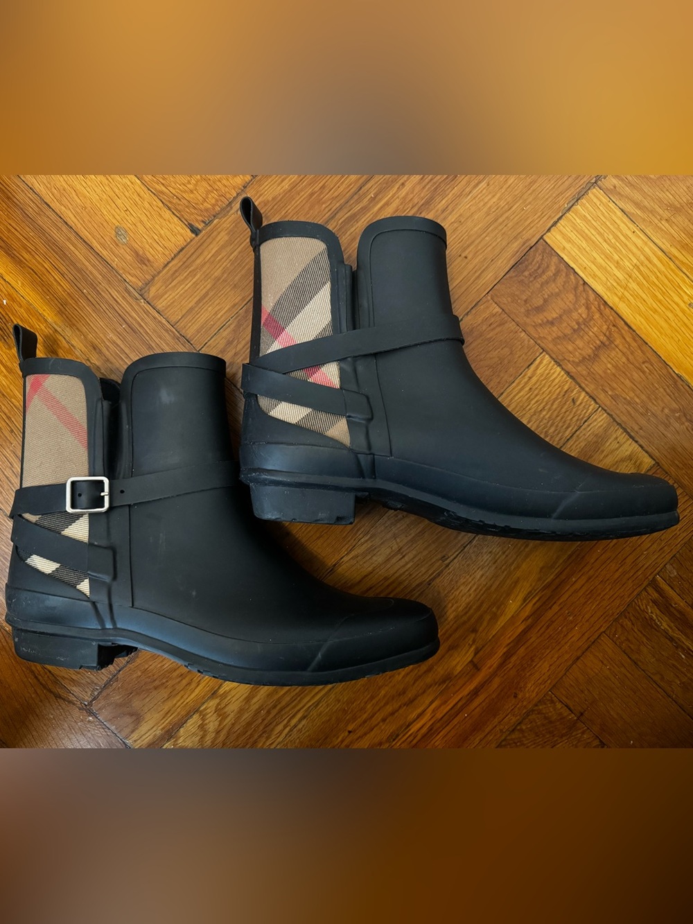 Burberry-Style Black Rain Ankle Boots with Check Panel